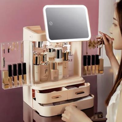 Boîte de Rangement Maquillage avec Miroir LED - Organisateur Cosmétiques